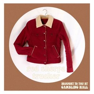 red corduroy sherpa trucker jacket